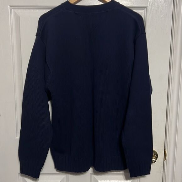 🔥 Vintage TOMMY HILFIGER Heavy Cotton Navy Knit V-Neck Sweater - Men Sz L - GUC - Picture 5 of 11